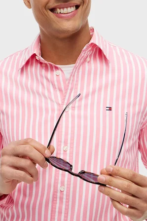 Tommy Hilfiger Çizgili Pamuklu Regular Fit Uzun Kollu Gömlek Erkek GÖMLEK MW0MW43315 0D1 PEMBE-BEYAZ