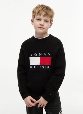 Tommy Hilfiger Siyah Erkek Çocuk Bisiklet Yaka Regular Fit İşlemeli Kazak KB0KB10071-HERITAGE FLAG SWEATER
