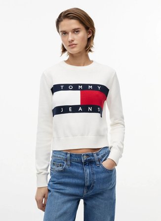 Tommy Jeans Beyaz Kadın Bisiklet Yaka Logo Baskılı Kazak DW0DW22930YBH
