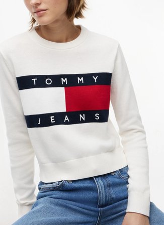 Tommy Jeans Beyaz Kadın Bisiklet Yaka Logo Baskılı Kazak DW0DW22930YBH