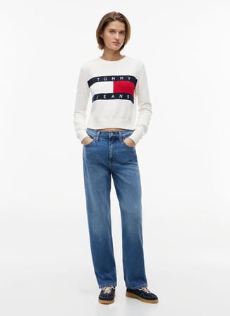 Tommy Jeans Beyaz Kadın Bisiklet Yaka Logo Baskılı Kazak DW0DW22930YBH