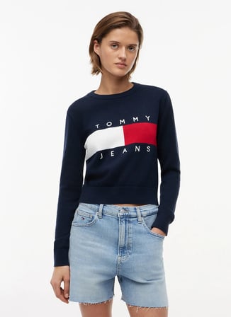 Tommy Jeans Lacivert Kadın Bisiklet Yaka Logo Baskılı Kazak DW0DW22930C1G