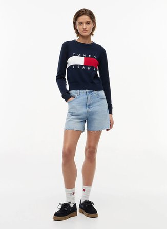 Tommy Jeans Lacivert Kadın Bisiklet Yaka Logo Baskılı Kazak DW0DW22930C1G