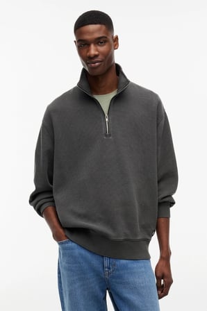 Relaxed Waffle Label Half Zip Erkek Siyah Sweatshirt