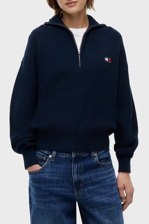 Tommy Jeans % 100 Pamuk Yarım Fermuarlı Balıkçı Yaka Kazak Kadın KAZAK DW0DW22928 C1G LACİVERT