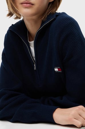 Tommy Jeans % 100 Pamuk Yarım Fermuarlı Balıkçı Yaka Kazak Kadın KAZAK DW0DW22928 C1G LACİVERT