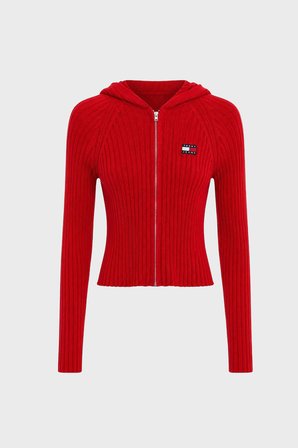 Tommy Jeans Logolu Slim Fit Kapüşonlu Ribana Örgülü Crop Sweat Kadın KAZAK DW0DW20974 XK9 KIRMIZI