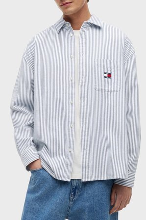 Tommy Jeans Çizgili Pamuklu Oversize Uzun Kollu Gömlek Erkek GÖMLEK DM0DM23138 C63 MAVİ-BEYAZ