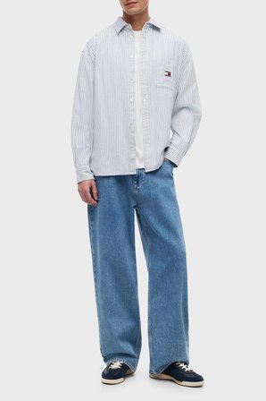Tommy Jeans Çizgili Pamuklu Oversize Uzun Kollu Gömlek Erkek GÖMLEK DM0DM23138 C63 MAVİ-BEYAZ