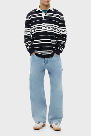 Tommy Jeans Çizgili Relaxed Fit Düğmeli Polo Yaka Sweat Erkek POLO YAKA SWEAT DM0DM23164 C1G LACİVERT