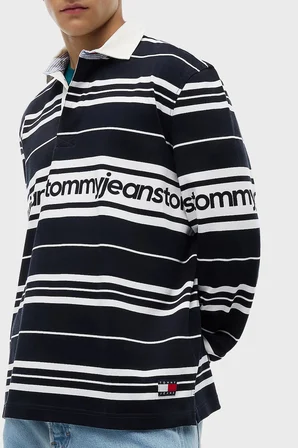 Tommy Jeans Çizgili Relaxed Fit Düğmeli Polo Yaka Sweat Erkek POLO YAKA SWEAT DM0DM23164 C1G LACİVERT