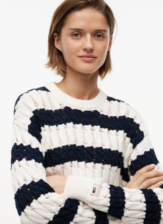 Tommy Jeans Beyaz - Lacivert Kadın Bisiklet Yaka Çizgili Kazak DW0DW229260A9