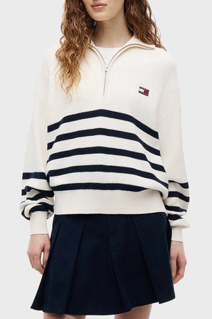 Tommy Jeans Yarım Fermuarlı Çizgili Relaxed Fit Dik Yaka Logolu Kazak Kadın KAZAK DW0DW22928 YBH BEYAZ