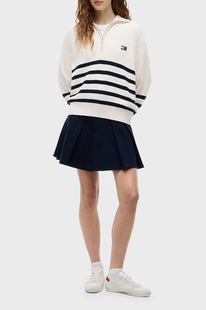 Tommy Jeans Yarım Fermuarlı Çizgili Relaxed Fit Dik Yaka Logolu Kazak Kadın KAZAK DW0DW22928 YBH BEYAZ