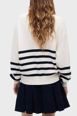 Tommy Jeans Yarım Fermuarlı Çizgili Relaxed Fit Dik Yaka Logolu Kazak Kadın KAZAK DW0DW22928 YBH BEYAZ