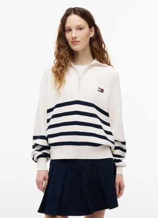 Tommy Jeans Ekru Kadın Balıkçı Yaka Çizgili Kazak DW0DW22928YBH