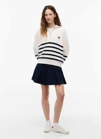 Tommy Jeans Ekru Kadın Balıkçı Yaka Çizgili Kazak DW0DW22928YBH