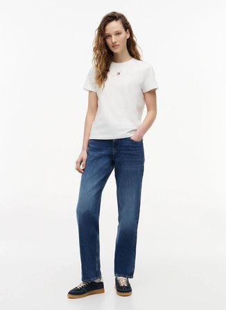 Tommy Jeans Beyaz Kadın Bisiklet Yaka Baskılı T-Shirt DW0DW22789YBL