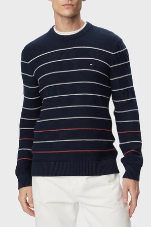 Tommy Jeans Pamuklu Regular Fit Çizgili Bisiklet Yaka Kazak Erkek KAZAK DM0DM23384 C1G LACİVERT