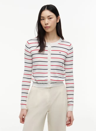 Tommy Jeans Beyaz Kadın Bisiklet Yaka Çizgili Hırka DW0DW209760FB