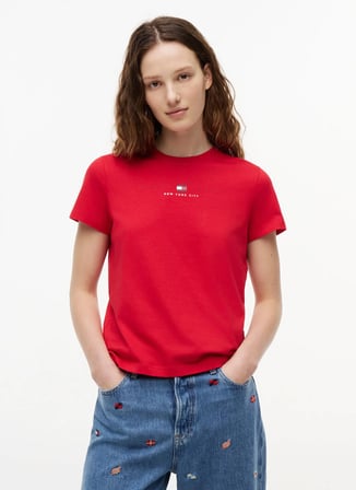 Tommy Jeans Kırmızı Kadın Bisiklet Yaka Baskılı T-Shirt DW0DW22789XK9