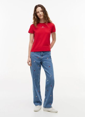 Tommy Jeans Kırmızı Kadın Bisiklet Yaka Baskılı T-Shirt DW0DW22789XK9