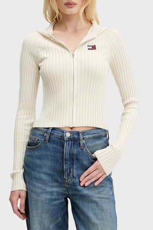 Tommy Jeans Logolu Slim Fit Kapüşonlu Ribana Örgülü Crop Sweat Kadın KAZAK DW0DW20974 YBH BEYAZ