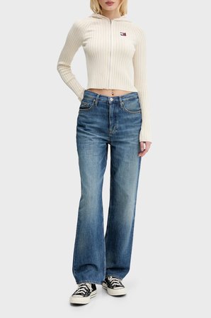 Tommy Jeans Logolu Slim Fit Kapüşonlu Ribana Örgülü Crop Sweat Kadın KAZAK DW0DW20974 YBH BEYAZ