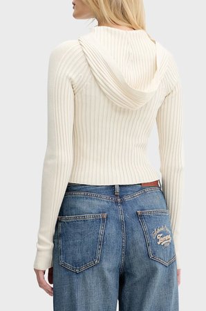 Tommy Jeans Logolu Slim Fit Kapüşonlu Ribana Örgülü Crop Sweat Kadın KAZAK DW0DW20974 YBH BEYAZ