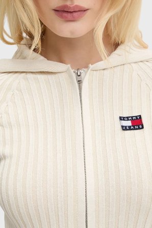 Tommy Jeans Logolu Slim Fit Kapüşonlu Ribana Örgülü Crop Sweat Kadın KAZAK DW0DW20974 YBH BEYAZ