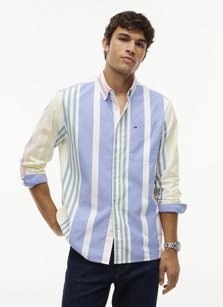 Tommy Jeans Mavi Erkek Relaxed Çizgili Gömlek DM0DM23246YBL TJM OXFORD FUN STRIP