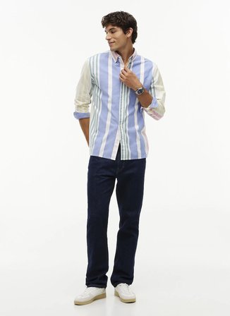 Tommy Jeans Mavi Erkek Relaxed Çizgili Gömlek DM0DM23246YBL TJM OXFORD FUN STRIP