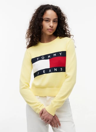 Tommy Jeans Sarı Kadın Bisiklet Yaka Logo Baskılı Kazak DW0DW22930ZF0
