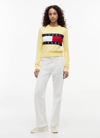 Tommy Jeans Sarı Kadın Bisiklet Yaka Logo Baskılı Kazak DW0DW22930ZF0
