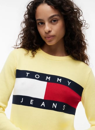 Tommy Jeans Sarı Kadın Bisiklet Yaka Logo Baskılı Kazak DW0DW22930ZF0