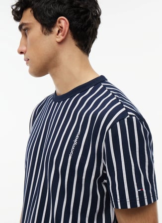 Tommy Jeans Lacivert Erkek Regular Fit Çizgili T-Shirt DM0DM23374C1G TJM REG VERT BRAND S