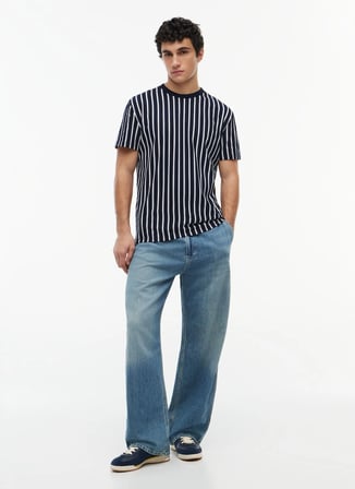 Tommy Jeans Lacivert Erkek Regular Fit Çizgili T-Shirt DM0DM23374C1G TJM REG VERT BRAND S