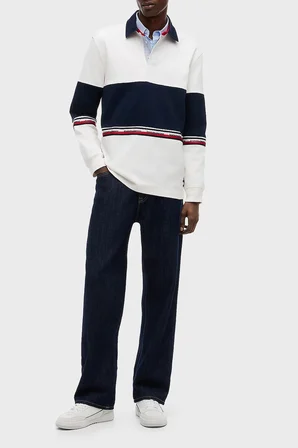 Tommy Jeans Renk Bloklu Pamuklu Relaxed Fit Düğmeli Polo Yaka Sweat Erkek POLO YAKA SWEAT DM0DM23161 YBH BEYAZ