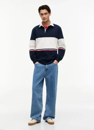 Tommy Jeans Lacivert Erkek Relaxed Çizgili Polo T-Shirt DM0DM23161C1G TJM RLX CBLOCK RUGBY