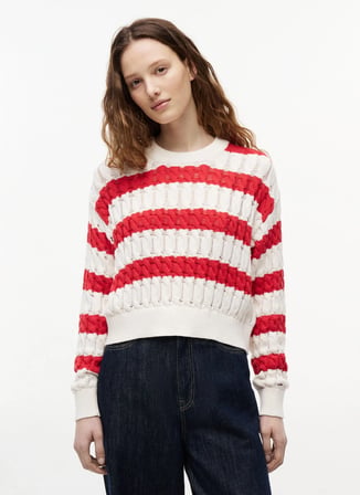 Tommy Jeans Beyaz - Kırmızı Kadın Bisiklet Yaka Çizgili Kazak DW0DW229260EY
