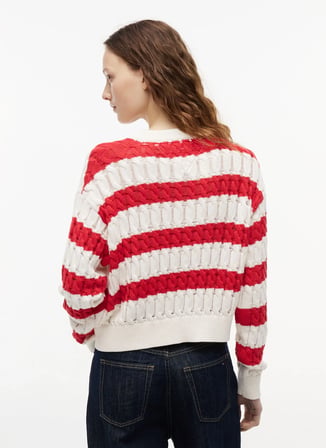 Tommy Jeans Beyaz - Kırmızı Kadın Bisiklet Yaka Çizgili Kazak DW0DW229260EY