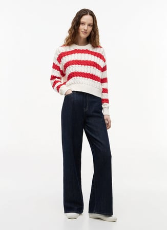 Tommy Jeans Beyaz - Kırmızı Kadın Bisiklet Yaka Çizgili Kazak DW0DW229260EY