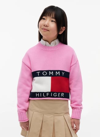 Tommy Hilfiger Pembe Kız Çocuk Bisiklet Yaka Relaxed Desenli Kazak KG0KG08922-HERITAGE SWEATER