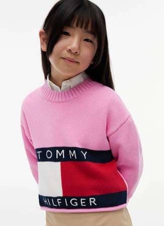 Tommy Hilfiger Pembe Kız Çocuk Bisiklet Yaka Relaxed Desenli Kazak KG0KG08922-HERITAGE SWEATER