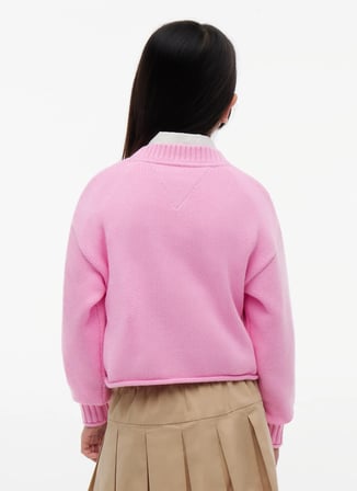 Tommy Hilfiger Pembe Kız Çocuk Bisiklet Yaka Relaxed Desenli Kazak KG0KG08922-HERITAGE SWEATER