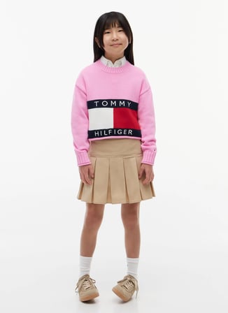 Tommy Hilfiger Pembe Kız Çocuk Bisiklet Yaka Relaxed Desenli Kazak KG0KG08922-HERITAGE SWEATER