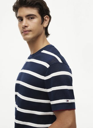 Tommy Hilfiger Lacivert Erkek Çizgili Triko T-Shirt MW0MW43942DCC_DC KNITTED TEE TXTRE