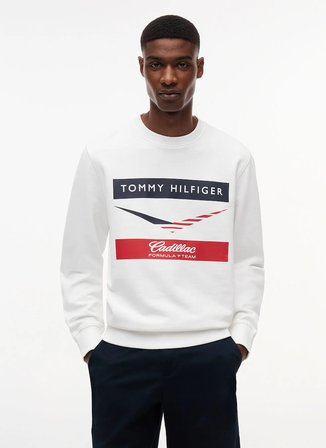 Tommy Hilfiger Beyaz Erkek Bisiklet Regular Fit Logo Baskılı Sweatshirt MN0MN00080YBR