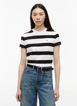 Tommy Jeans Siyah - Beyaz Kadın Çizgili T-Shirt DW0DW238010AQ