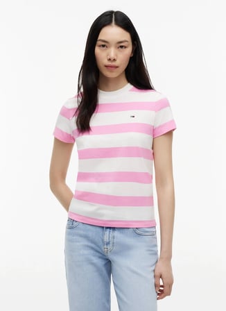 Tommy Jeans Pembe Kadın Bisilet Yaka Çizgili T-Shirt DW0DW238010D1